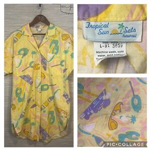 Tropical Sun Sets Hawaii Shirt Dress Yellow Pastel Novelty Surf Print L-XL 3859